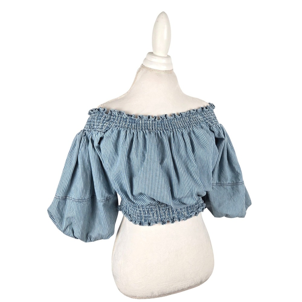 VENUS Blue White Striped Off Shoulder Smocked Crop Top Puff Sleeve L Cottagecore